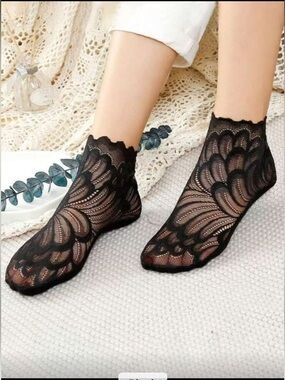Black Lace Ankle Socks for Women - Elegant Sheer Design